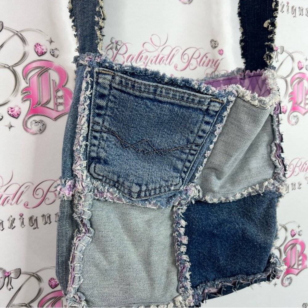 Bag Patchwork Jean Distressed Argyle Interior Pur… - image 4